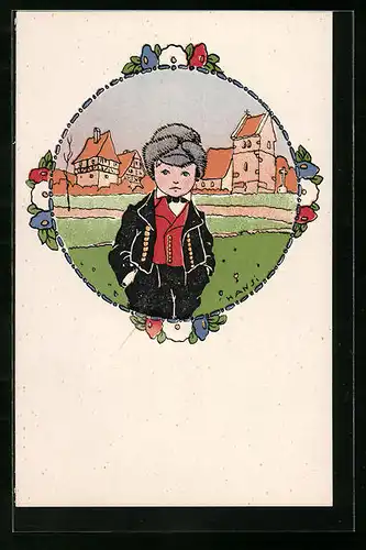Künstler-AK Hansi: Junge in Tracht auf einer Wiese