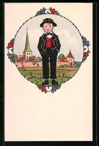 Künstler-AK Hansi: Junge in Tracht auf einer Wiese