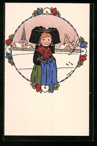 Künstler-AK Hansi: Junge Frau in Tracht in winterlicher Landschaft