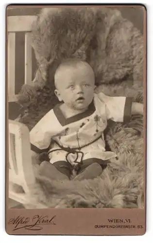 Fotografie Alfred Kral, Wien, Gumpendorferstr. 83, Süsses Kleinkind im Kleid sitzt auf Fell