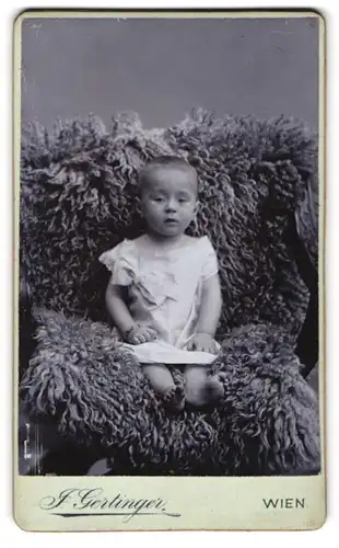 Fotografie J. Gertinger, Wien, Margarethenstrasse 28, Baby mit Armband auf fellbedecktem Sessel