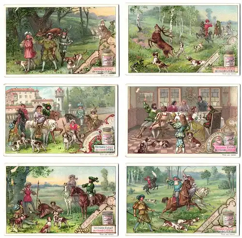 6 Sammelbilder Liebig, Serie Nr.: 546, Jagdbilder V., La piste, L`hallali, Jagdhund, Jäger
