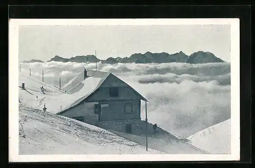 AK Rainerschutzhaus, Berghütte im Schnee
