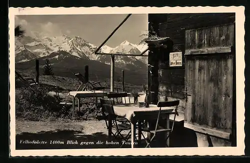 AK Erlhofplatte, Berghütte im Jahr 1934 mit Blick gegen die hohen Tauern