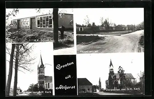 AK Altforst, R. K. School, Heppersestraat, Dorpsstraat met N. H. Kerk