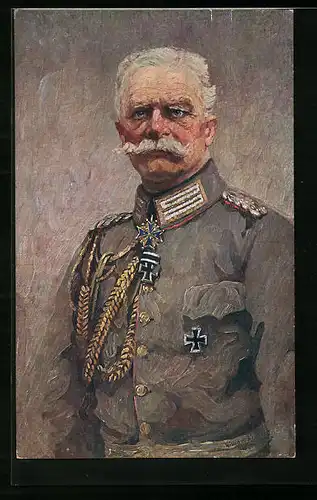 Künstler-AK Generalfeldmarschall von Macksensen in Uniform mit Schützenschnur und Eisernem Kreuz