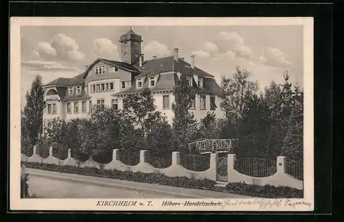 AK Kirchheim u. T., Höhere Handelsschule mit Zaun und Bäumen