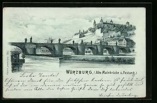 Lithographie Würzburg, Alte Mainbrücke und Festung