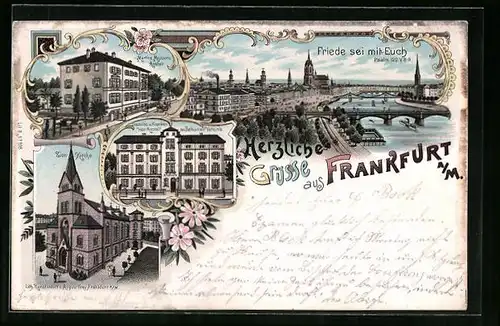 Lithographie Frankfurt a. M., Martins-Missions-Anstalt, Zion-Kirche, Ortsansicht mit Main