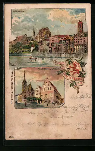 Lithographie Wasserburg /Inn, Frauenkirche und Rathaus, Burgpartie