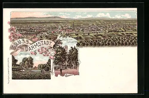 Lithographie Darmstadt, Thurm auf Ludwighöhe, Herrengärten, Panorama