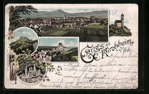 Lithographie Kirchheim u. Teck, Ortsansicht, Neuffen, Wolfsschlucht, Burg Teck