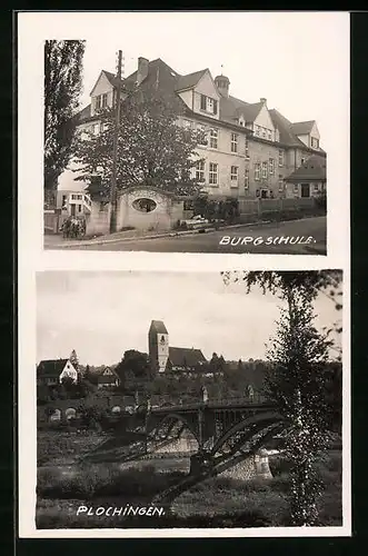 AK Plochingen, Burgschule, Blick über die Brücke zur Kirche
