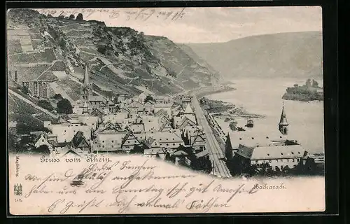 AK Bacharach, Ortsansicht mit Weinbergen und Rhein