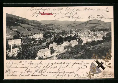 AK Adenau, Ortsansicht aus der Vogelschau mit Stadtwappen