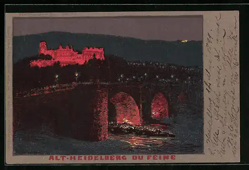 AK Heidelberg, Beleuchtetes Schloss und Ausflugsdampfer