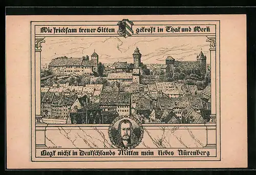 AK Nürnberg, Ortsansicht mit Burg und Sinnspruch