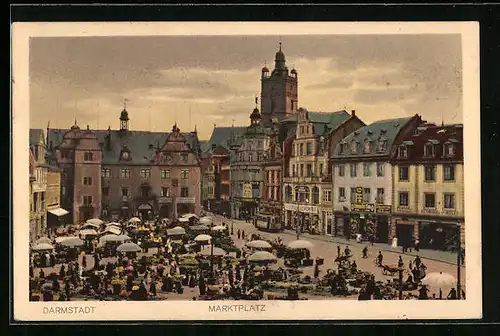 AK Darmstadt, Marktplatz mit Markttreiben