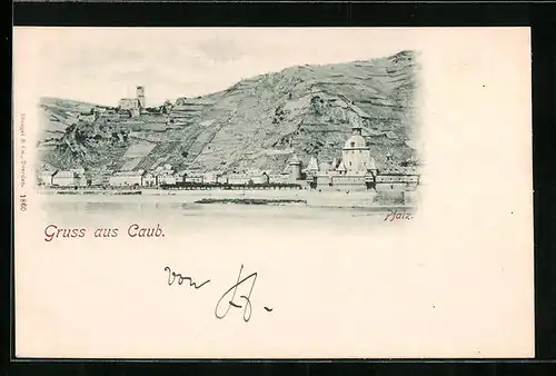 AK Caub, Ortsansicht mit Weinbergen