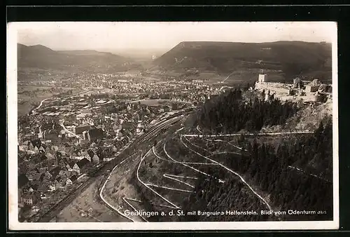 AK Geislingen a. d. St., Ortsansicht vom Flugzeug aus mit Burgruine Helfenstein