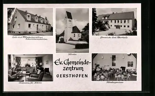 AK Gersthofen, Evangelisches Gemeindezentrum (Gemeinde- und Pfarrhaus, Kindergarten, Clubraum) und Kirche