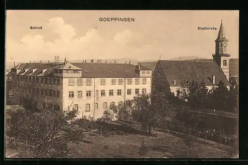 AK Göppingen, Schloss und Stadtkirche aus der Vogelschau