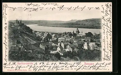 AK Remagen, Ortsansicht mit Rhein, Apollinariskirche