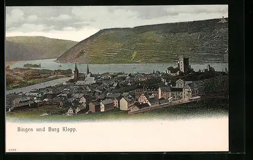 AK Bingen, Ortsansicht mit Rhein und Burg Klopp