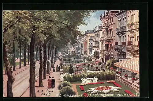 AK Bad Homburg v. d. H., Kaiser Friedrich-Promenade mit Blumenbeeten