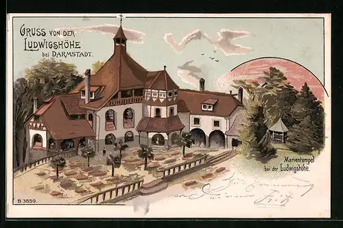 Lithographie Darmstadt, Gasthaus auf der Ludwigshöhe, Marientempel