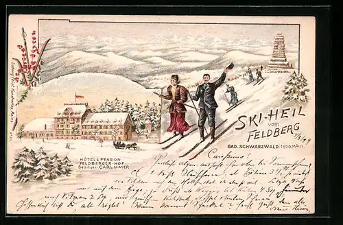 Winter-Lithographie Feldberg, Hotel-Pension Feldberger Hof, Skifahrer am Denkmal