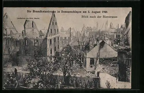 AK Donaueschingen, Brand am 5.8.1908, Zerstörungen in der Bierstrasse