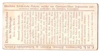 Sammelbild Gartmann-Schokolade, Deutsche Heerführer im Weltkriege, Serie 451, Bild 6, General von Emmich