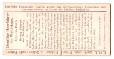 Sammelbild Gartmann-Schokolade, Deutsche Heerführer im Weltkriege, Serie 451, Bild 3, Herzog Albrecht von Württemberg