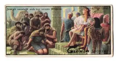 Sammelbild Gartmann-Schokolade, Joseph und seine Brüder, Serie 589, Bild 5, Joseph verstellt sich vor seinen Brüdern