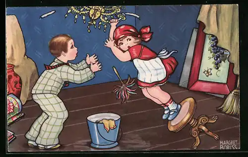 Künstler-AK Margret Boriss: Junge und Mädchen beim Hausputz, vom Hocker fallen