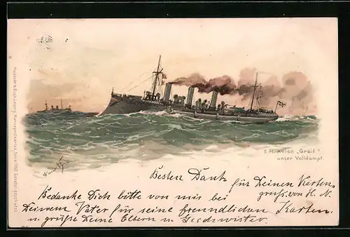 Künstler-AK Hans Bohrdt: Kriegsschiff S. M. Aviso Greif unter Volldampf