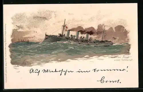 Künstler-AK Hans Bohrdt: Kriegsschiff S. M. Aviso Greif, Volldampf auf hoher See