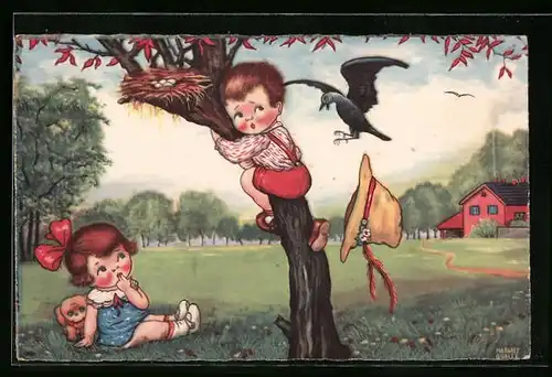 Künstler-AK Margret Boriss: Ein Junge klettert auf einen Baum zu einem Vogelnest, Angriff von einem Vogel