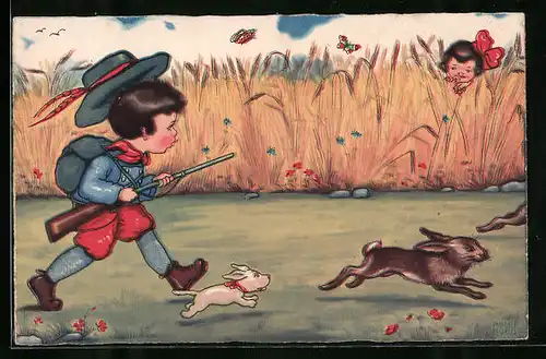 Künstler-AK Margret Boriss: Ein Junge auf der Hasenjagd, ein Mädchen versteckt sich im Weizenfeld