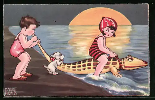 Künstler-AK Margret Boriss: Mädchen baden mit einer aufblasbaren Echse