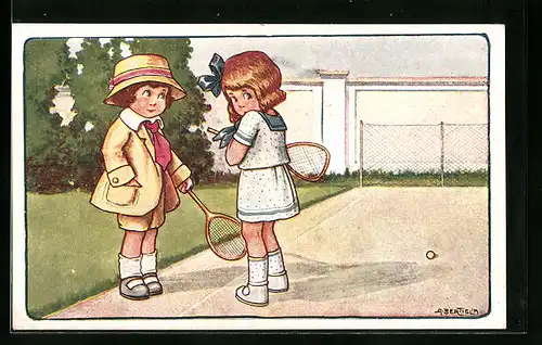 Künstler-AK A. Bertiglia: Zwei Mädchen auf dem Tennisplatz