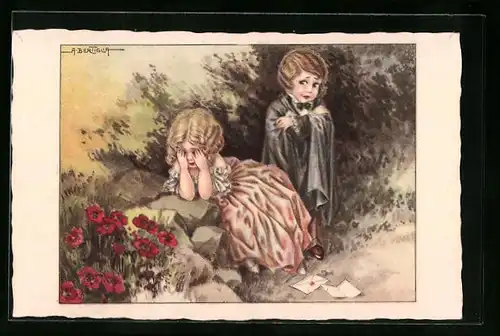Künstler-AK A. Bertiglia: Mädchen in Trauer an einem Stein