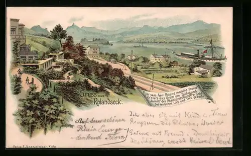 Vorläufer-Lithographie Rolandseck, 1895, Rheinblick mit einem Ausflugsdampfer, Kurhaus über der Bahnstrecke
