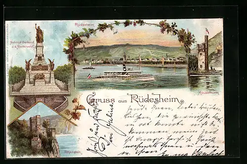 Lithographie Rüdesheim, Ausflugsdampfer vor der Stadt, National-Denkmal a. d. Niederwald, Burg Rheinstein, der Mäuseturm