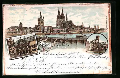 Lithographie Köln a. Rhein, Panorama mit dem Dom vom Rhein aus, das Rathaus