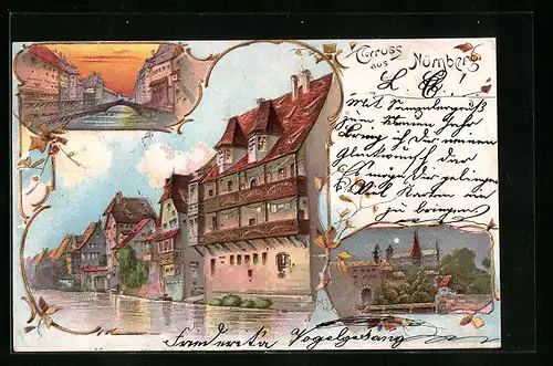 Lithographie Nürnberg, Häuser am Pegnitzufer, Brücke zum Sonnenuntergang