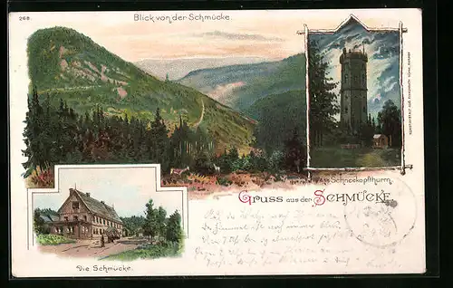 Lithographie Gehlberg, Blick von der Schmücke, der Schneekopfturm, Gasthaus Die Schmücke