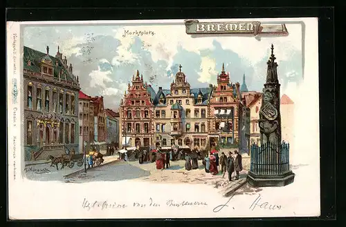 Lithographie Bremen, Passanten auf dem Marktplatz