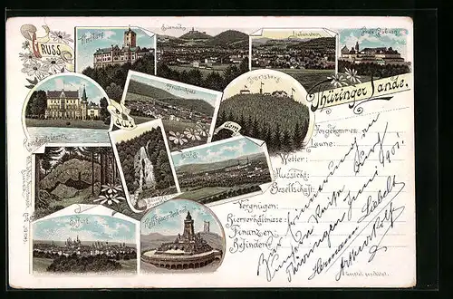 Lithographie Eisenach, Stadttotale, die Wartburg, Blick auf Liebenstein, Reinhardsbrunn, das Kyffhäuserdenkmal